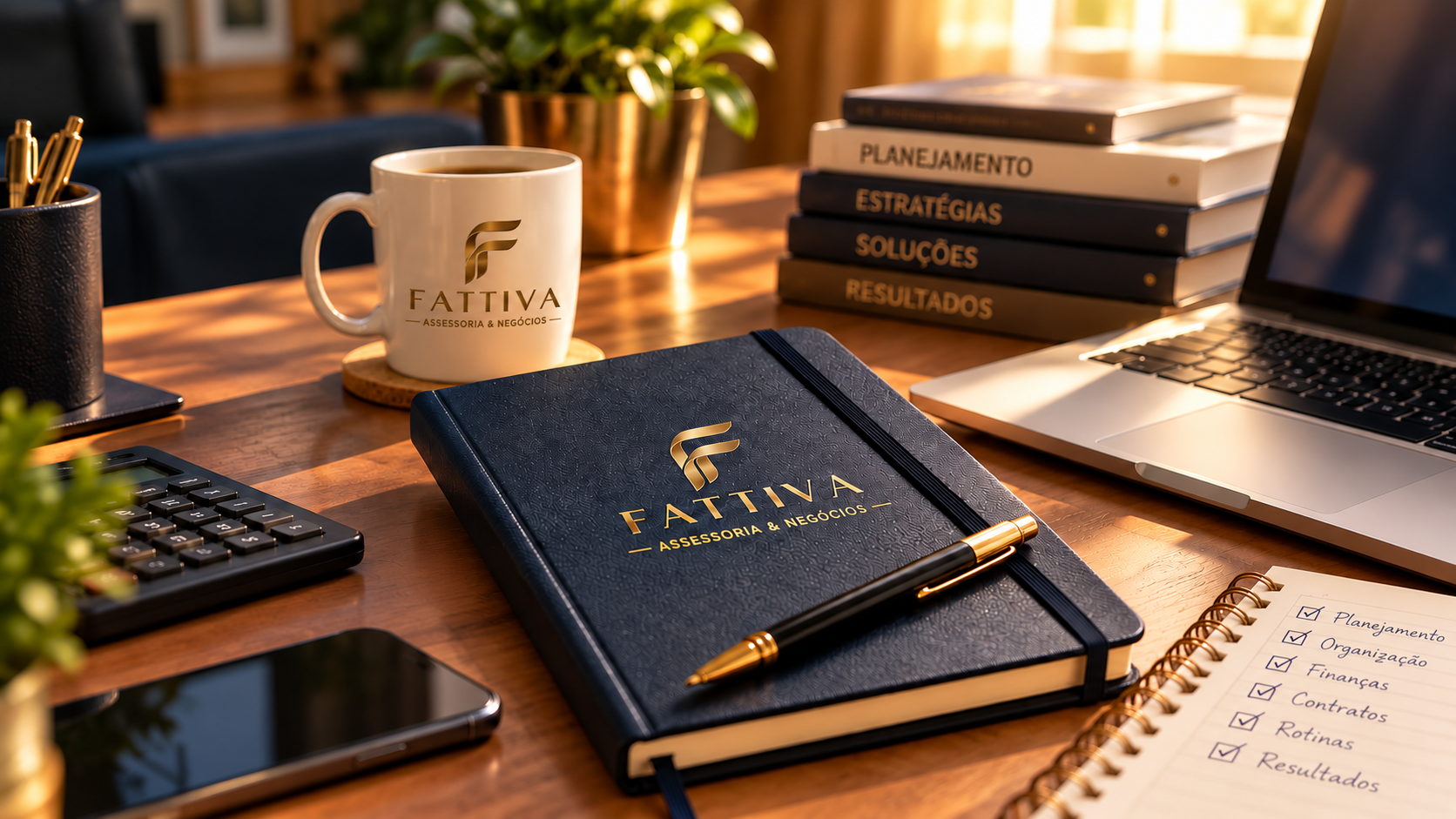 Mesa de planejamento com notebook, caderno FATTIVA, caneca, livros e lista de tarefas